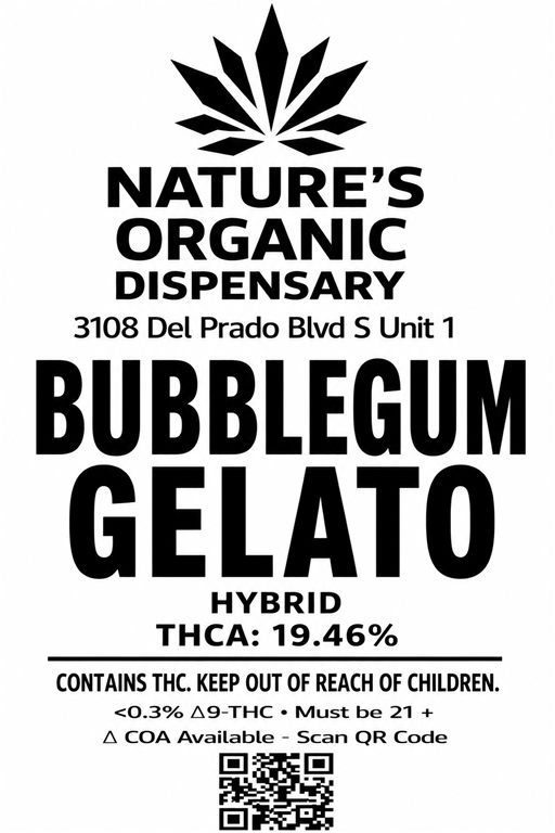 Complete supplied label for Bubblegum Gelato