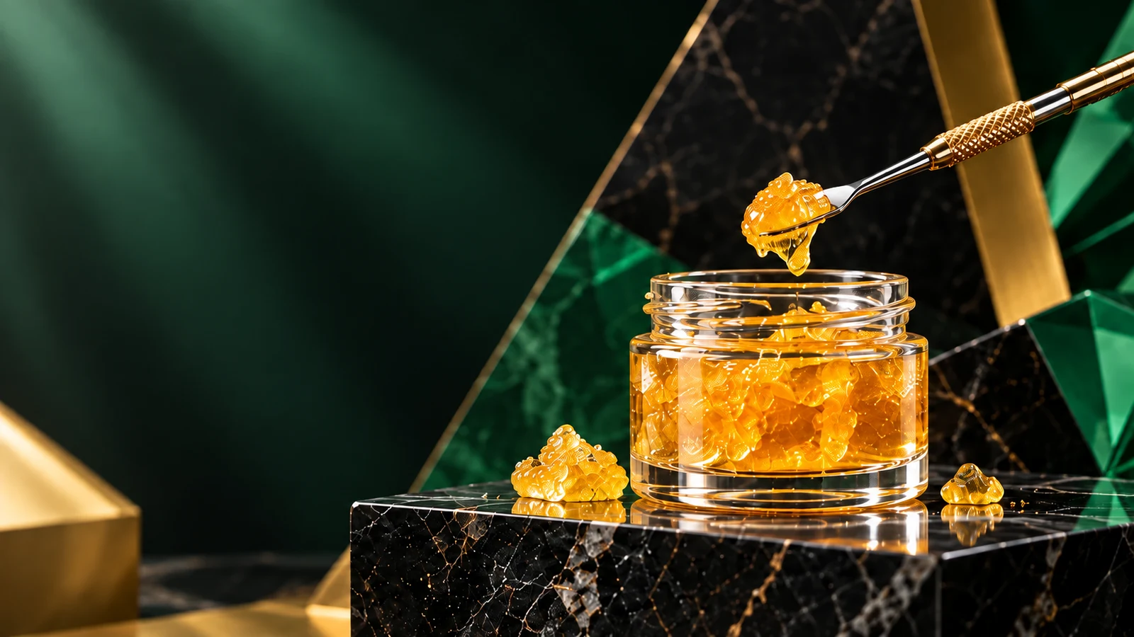 Golden concentrate in a glass jar on a dark premium set